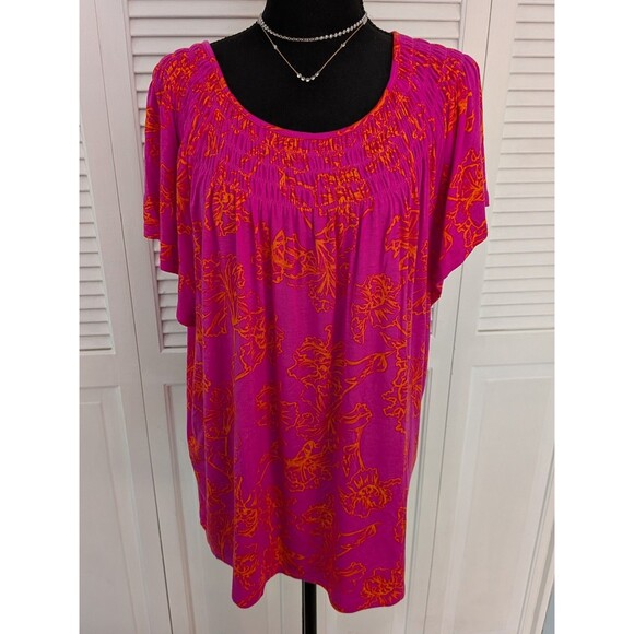 Style & Co Top Womens 2X Fuchsia Pink Orange Vacay Stretch Resort Beach Blouse - Picture 1 of 11